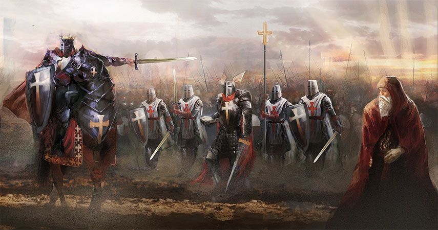 illustration of historical crusader knights wearing crimson color - what color is crimson